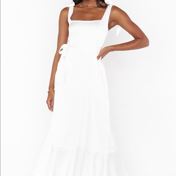 Show Me Your Mumu Garden Ruffle Midi Dress in White Ivory Luxe Satin - Picture 7 of 10